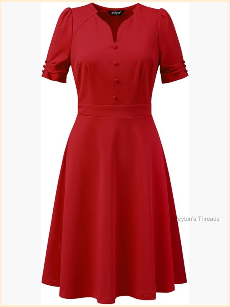 Puffy Sleeve V-Neck A-Line Midi Dress - Work Office Formal